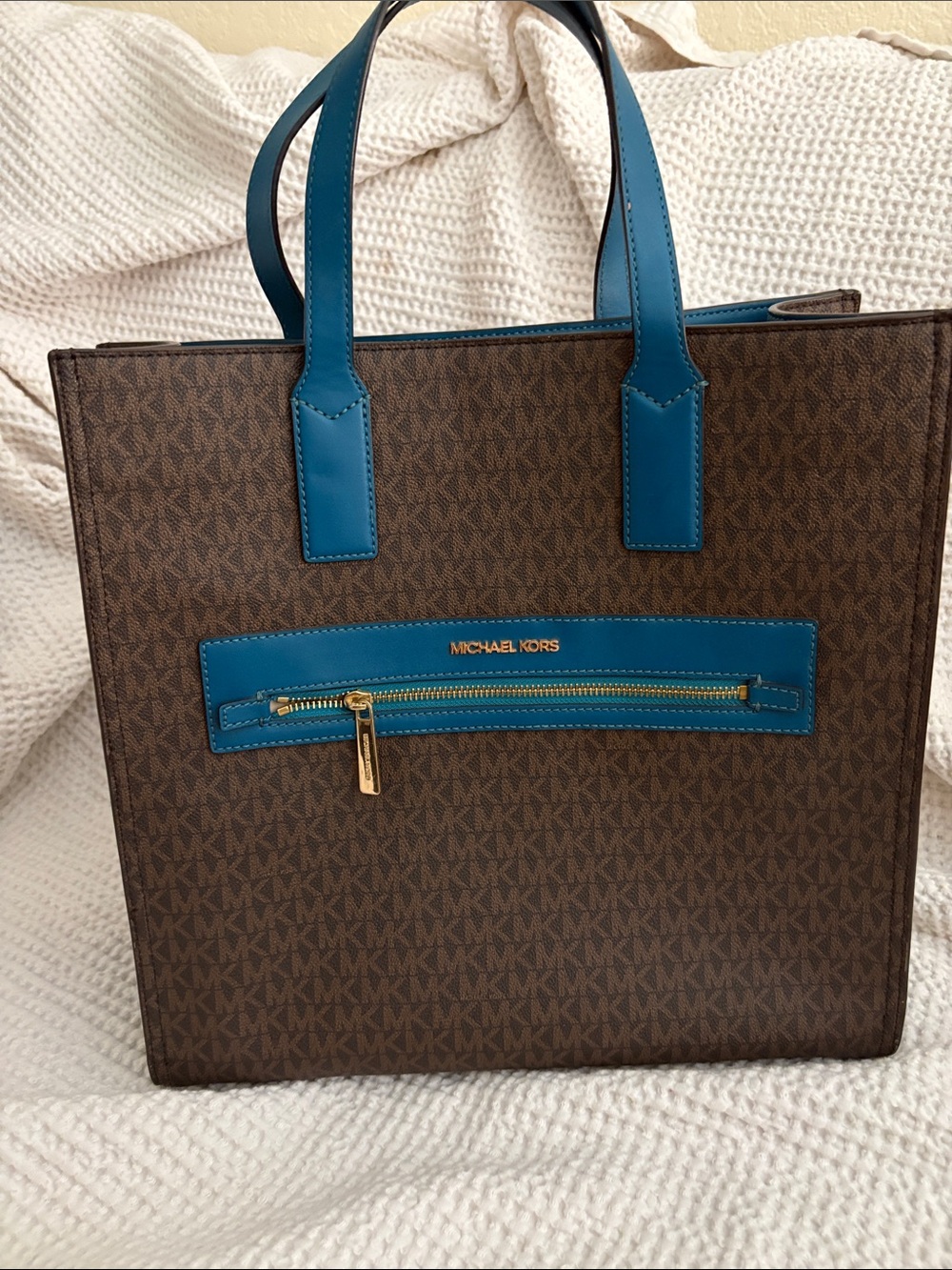 Michael Kors Brown Monogram Tote with Teal Trim and Gold Hardware